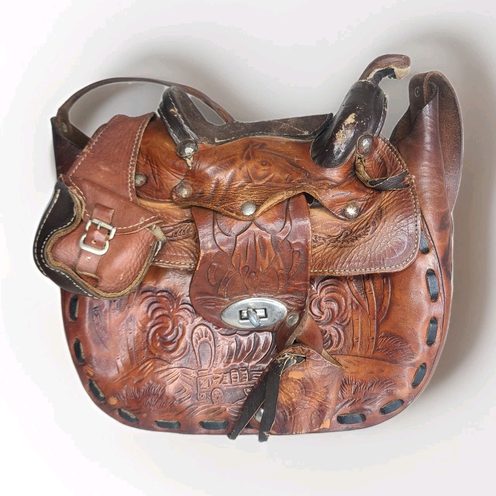 Vintage‎ Saddle Bag Purse Tooled Leather Stirrups Horse Theme Mexico